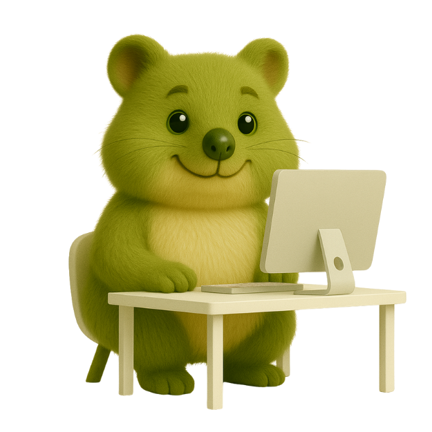 Mascotte verte H2Gremm utilisant un ordinateur pour représenter l’innovation numérique et énergétique