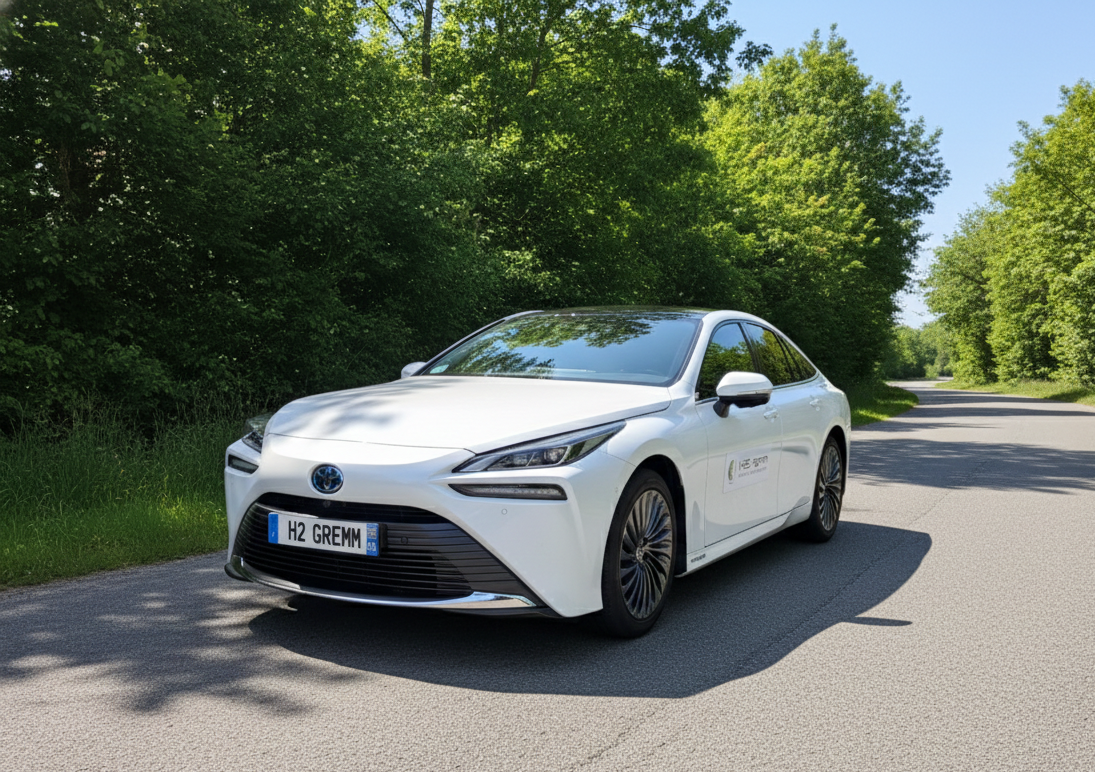 Toyota Mirai alimentée en hydrogène circulant sur une route de campagne avec technologie H2Gremm
